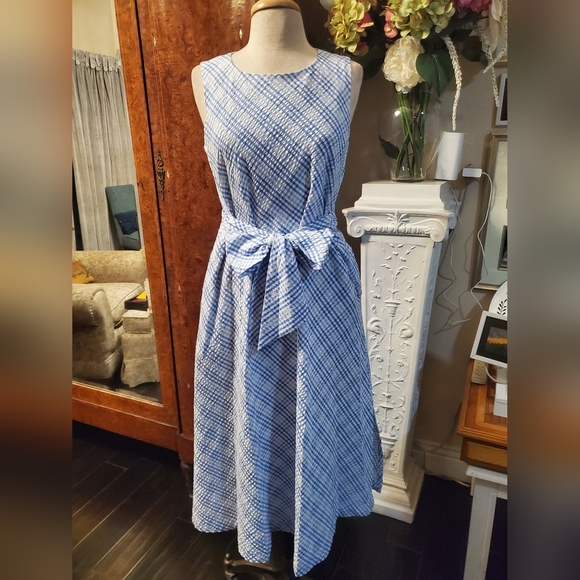 💥Anne Klein Midi Blue/white Ginham Dress - Picture 2 of 10